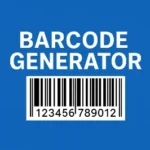 "Blue background with the text 'BARCODE GENERATOR' above a black and white barcode displaying the numbers 123456789012. Simple and technical design."