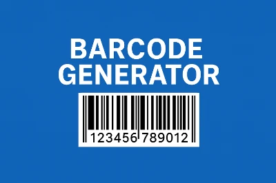 Barcode Generator "Blue background with the text 'BARCODE GENERATOR' above a black and white barcode displaying the numbers 123456789012. Simple and technical design."