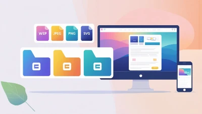 Best Image Format Illustration of a computer and smartphone displaying a colorful webpage. Above, icons for WEP, JPEG, PNG, and SVG file types. A leaf is in the corner.