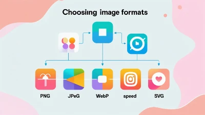 "Illustration depicting the process of choosing a Best image formats, highlighting PNG, JPEG, WebP, and SVG through icons, with arrows guiding the selection. Background features soft pink and blue abstract shapes, conveying a modern and informative tone."