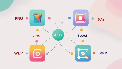 Infographic showing "JPEG" in a central circle connected to four icons labeled PNG, WEP, SVg, and SVGS, symbolizing different image formats.
