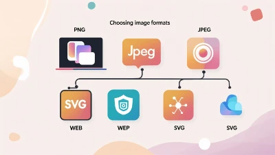 Infographic on choosing a Best image formats shows PNG, JPEG, WEB, WEP, and SVG icons linked with lines. Background has abstract pastel shapes.