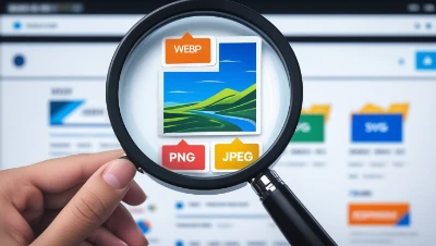 A hand holds a magnifying glass over image format icons labeled WEBP, PNG, and JPEG, highlighting a landscape thumbnail on a computer screen.