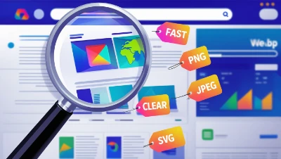 The Best Image Format Showing A magnifying glass over colorful icons and charts on a computer screen highlights tags like "FAST," "CLEAR," "PNG," "JPEG," and "SVG," conveying digital efficiency.