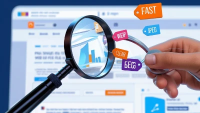 The Best Image Format Showing A hand holds a magnifying glass over a computer screen displaying a webpage with bar charts. Colorful tags reading "FAST," "WEB," "CLEAR," and "JPEG" float around, suggesting analysis or optimization. The tone is analytical and efficient.