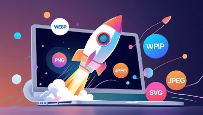 A vibrant illustration of a rocket launching from a laptop screen, surrounded by colorful circles labeled PNG, JPEG, SVG, and WEBP, symbolizing digital Image formats.