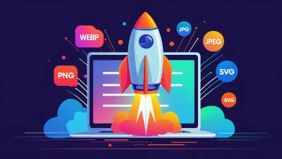 Best Image Format Image Compressor Online Showing A rocket launching from a laptop screen surrounded by colorful file type icons like PNG, WEBP, and SVG. Bright, dynamic, and tech-themed.