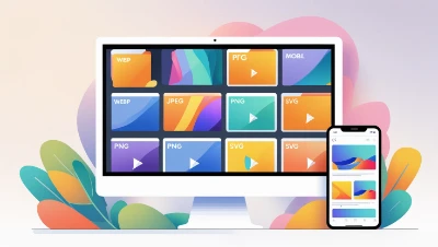 The Best  image Format shows a computer and smartphone displaying colorful video icons of various file formats like WEBP, JPEG, and PNG. Vibrant, abstract shapes in the background create a modern, digital feel.