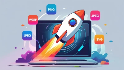 Best Image Format Image Compressor Online Showing A rocket launches from a laptop screen, surrounded by file type icons like PNG and JPEG. This conveys speed and innovation in digital technology.