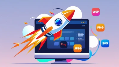 An illustration of a rocket launching out of a computer screen, surrounded by floating image format icons like PNG and JPEG. Bright, dynamic, and modern.