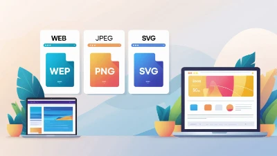 Illustration of web best image formats WEP, PNG, and SVG above laptops displaying graphic design interfaces, with vibrant colors and plant motifs.