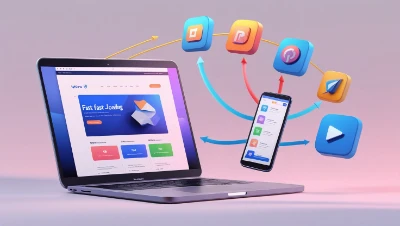 The Best Image Format Showing A laptop displaying a vibrant website, with a smartphone beside it showing apps. Colorful app icons and arrows suggest connectivity and data transfer.
