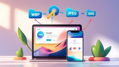 An Image Format Showing a Laptop and smartphone on a desk with vibrant plant decorations. Icons labeled WBP, JPEG, and SVG indicate file conversion. Bright, modern aesthetic.