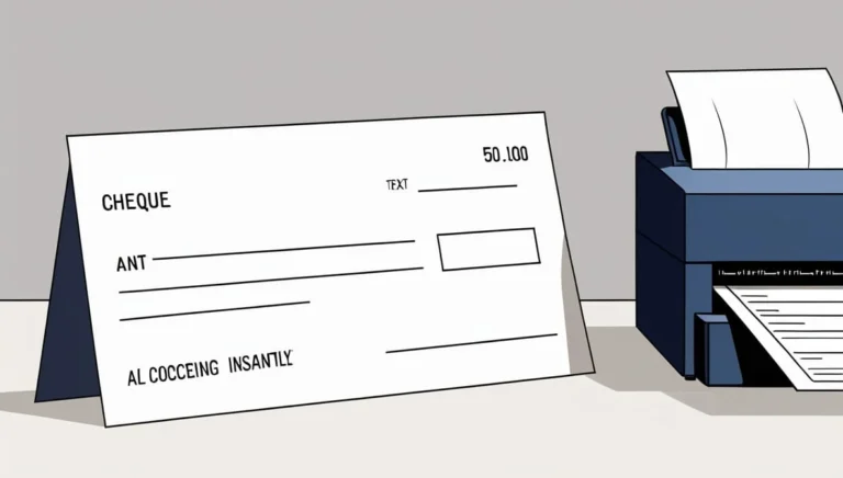 Cheque Writer Cheque Writer A comically large check with blurred text and a printer on a desk. The words on the check are nonsensical, adding a humorous tone to the scene.