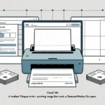 Cheque Writer A printer outputs a check, surrounded by browser windows and stacks of papers. Lines suggest connectivity, highlighting themes of technology and finance.