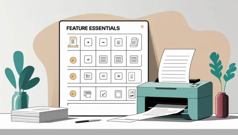Cheque Writer Cheque Writer Illustration of an office desk with a printer and paper stacks. A "Feature Essentials" chart is displayed, featuring document icons. Tone is organized and professional.