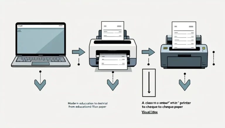 Cheque Writer Cheque Writer Illustration showing a workflow from a computer to a printer, and then to a specialized check printer. Arrows guide the process with text overlay details.