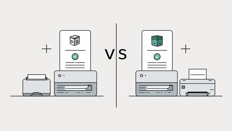 Cheque Writer Cheque Writer Illustration comparing two printer setups with labels "VS" in the center. Both setups show a printer with a paper featuring a cube icon and a checkmark. The tone is informative.