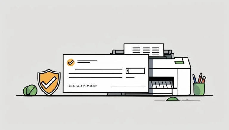 Cheque Writer Cheque Writer An illustration of a check emerging from a printer, accompanied by a shield with a checkmark. Tennis balls and a pencil cup are nearby, conveying security and achievement.