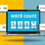 Illustration of a laptop displaying "Free Online word counter" with digits 138, surrounded by floating boxes showing 151 characters, 28 words, 2 sentences, and 1 paragraph. The background is divided into yellow and blue halves.