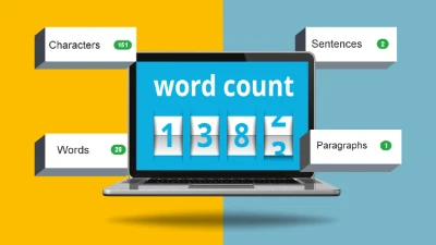 Free Online Word Counter Tool Illustration of a laptop displaying "Free Online word counter" with digits 138, surrounded by floating boxes showing 151 characters, 28 words, 2 sentences, and 1 paragraph. The background is divided into yellow and blue halves.