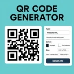 QR Code Generator interface on a teal background. Displays a large QR code and settings for URL type, color, size, error correction, and a "Generate" button.