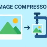 Illustration of an image compressor Online; a landscape photo with mountains is shown being compressed in a clamp, symbolizing reduced file size.