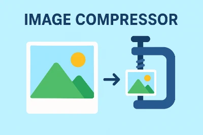 Image Compressor Online Illustration of an image compressor Online; a landscape photo with mountains is shown being compressed in a clamp, symbolizing reduced file size.