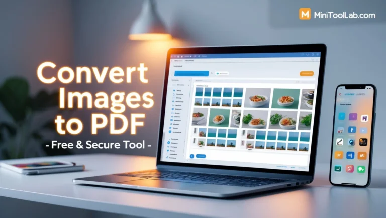 Image to PDF Converter Laptop displaying image conversion software next to a smartphone with app icons on a desk. Text reads "Convert Image to PDF - Free & Secure Tool."