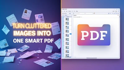 Image to PDF Converter Split image showing cluttered papers on a desk transforming into organized digital Image To PDF files on a screen. Text reads "Turn Cluttered Images into One Smart PDF."