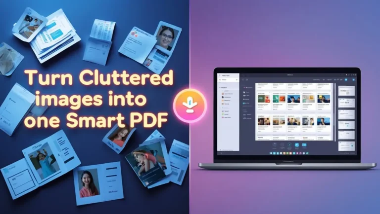 Image to PDF Converter A cluttered desk with disorganized papers on the left, transitioning into a neat digital Image to PDF on a laptop screen to the right. Text reads, "Turn cluttered images into one Smart PDF." Bright, organized, and efficient tone.