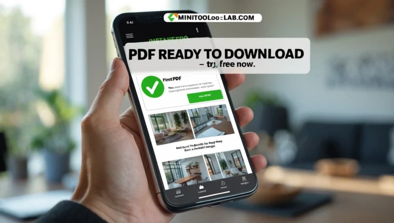Image to PDF Converter Hand holding a smartphone displaying Image to PDF download page with green check mark. Text reads "PDF ready to download – try free now." Bright, modern setting.