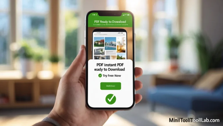 Image to PDF Converter A hand holds a smartphone displaying an app for instant Image to PDF download with a green "Try Free Now" button. The background shows a bright, blurred living room.
