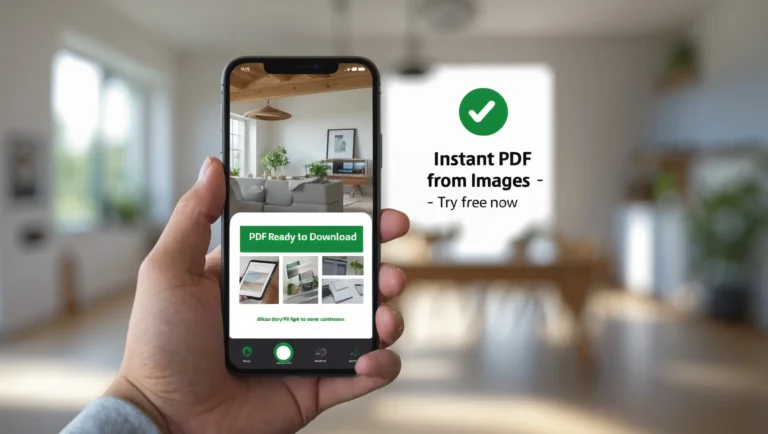 Image to PDF Converter Hand holding a smartphone displaying a "Image to PDF Ready to Download" screen with room decor images. Text on right reads "Instant Image to PDF - Try free now." Bright, inviting atmosphere.