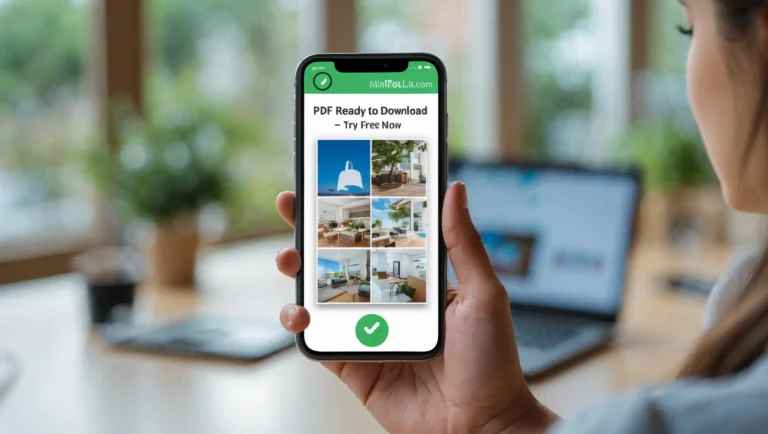 Image to PDF Converter A person holds a smartphone displaying a Image to PDF download notification. The background shows a blurred view of a laptop and a plant, suggesting a home office setting.