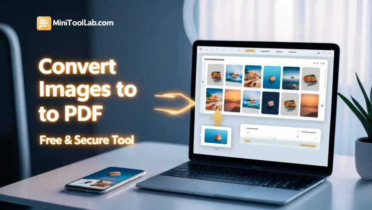 Image to PDF Converter Laptop displaying image-to-PDF conversion software on a desk with a smartphone. Text reads "Convert Image to PDF, Free & Secure Tool." Calm, tech-focused vibe.