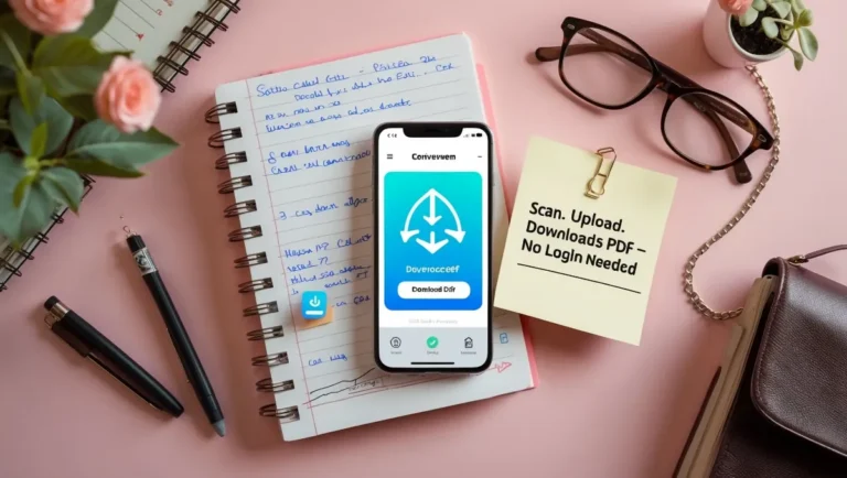 Image to PDF Converter A smartphone displaying a download app rests on a pink surface, surrounded by notebooks, glasses, a pen, a potted plant, and a note stating, "Scan. Upload. Downloads Image to PDF – No Login Needed." The scene conveys an organized, productive workspace.