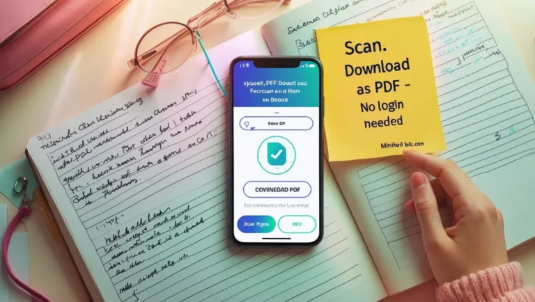 Image to PDF Converter Smartphone displaying Image to PDF conversion app on a notebook page, with a yellow sticky note reading "Scan. Download as PDF - No login needed." Glasses nearby.