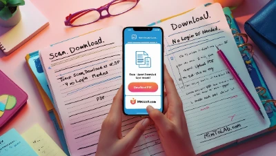 Image to PDF Converter A person holds a smartphone displaying Image to PDF app. Nearby, a notebook with blue handwriting, glasses, a pen, and pink purse are visible. Tone is organized.