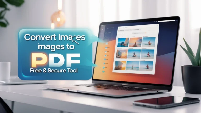 Image to PDF Converter Laptop displaying an image-to-PDF conversion tool with beach photos on screen. A nearby phone and plant add a modern, efficient vibe. Text reads: "Convert Image to PDF - Free & Secure Tool."