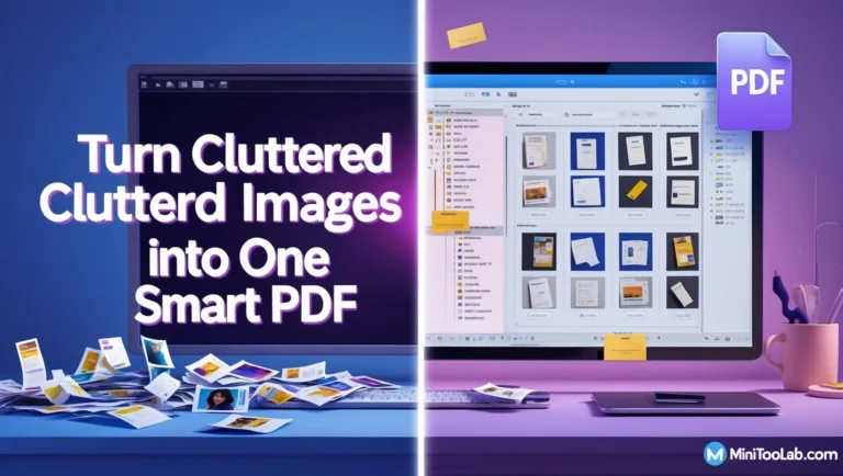 Image to PDF Converter Split image: Left shows scattered documents on a blue gradient background with glowing text saying "Turn cluttered images into one smart PDF." Right shows a digital Image to PDF file interface with a colorful PDF icon, suggesting organization and simplicity.