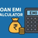 Blue background with text "Loan EMI Calculator," a large calculator displaying "EMI," a money bag with a rupee symbol, and stacked coins.