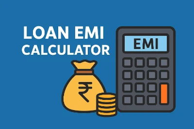 Loan EMI Calculator Blue background with text "Loan EMI Calculator," a large calculator displaying "EMI," a money bag with a rupee symbol, and stacked coins.