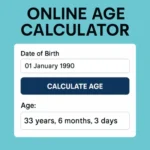 Online age calculator interface showing a birth date of January 1, 1990, with a calculated age of 33 years, 6 months, 3 days on a blue background.