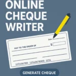 Illustration of a cheque with a yellow pen writing on it, set against a blue background. Text reads 'Online Cheque Writer' and 'Generate Cheque.' "