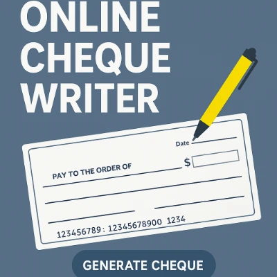 Illustration of a cheque with a yellow pen writing on it, set against a blue background. Text reads 'Online Cheque Writer' and 'Generate Cheque.' "