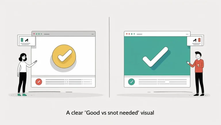 Online Video Conversion online video conversion Illustration comparing two web designs. Left: Woman points to a page with a yellow checkmark and red dot, indicating a less effective design. Right: Man points to a page with a green checkmark and green dot, showing a better design. Caption below reads: "A clear 'Good vs snot needed' visual."