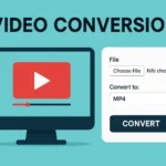 Alt text: "Illustration of a n Online video conversion interface on a turquoise background. A monitor displays a play button, and a conversion panel with options on the right."