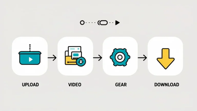 Online Video Conversion video conversion Flowchart with four icons: a box with an upload symbol, a video and file icon, a gear, and a download arrow. Arrows indicate the sequence.
