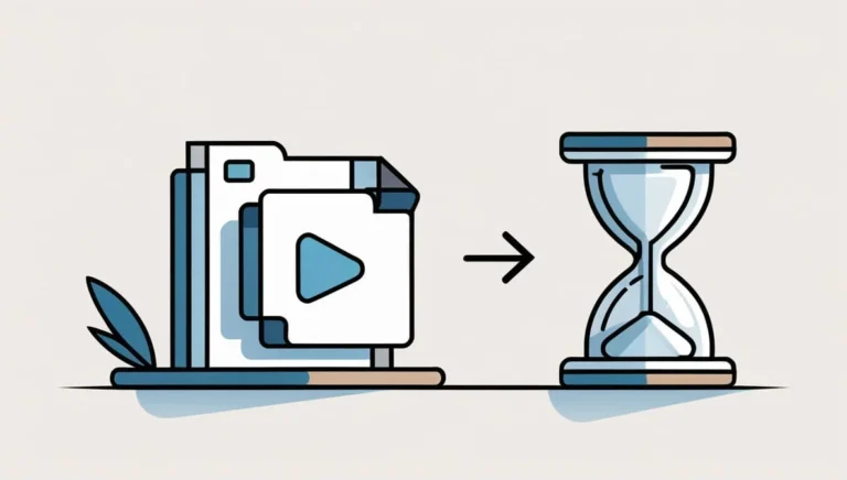 Online Video Conversion An video conversion illustration shows a folder with a play button icon on the left, and an arrow pointing to an hourglass on the right, symbolizing time management.